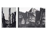 deux photographies en noir et blanc d'un bâtiment avec une tour horloge en arrière-plan