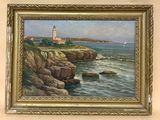 painting of a lighthouse on a rocky coast with a sailboat in the distance