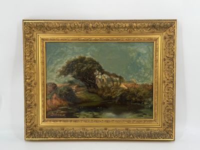 une image représentant un tableau de paysage avec une rivière au premier plan et des arbres à l'arrière-plan