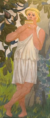 a painting of a man and a woman in a field