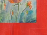 a painting of an orange flower on a red background