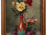 une peinture de roses dans un vase sur une table