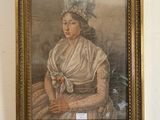 a painting of a woman with a hat on a wall