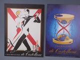 two posters of a man holding a baseball bat next to a hourglass