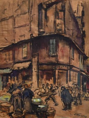 un tableau représentant une scène de rue avec des passants