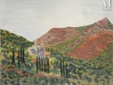 une peinture à l'huile représentant une colline surmontée d'un château