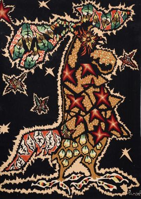a picture of a black rug with a picture of a giraffe on it