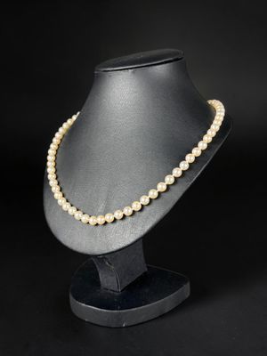 a white pearl necklace on a mannequin with a black background