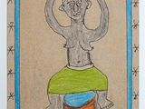drawing of a man sitting on a stool with his hands in the air