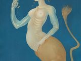 an image of a painting of a woman sitting on a lion with flowers in her hair