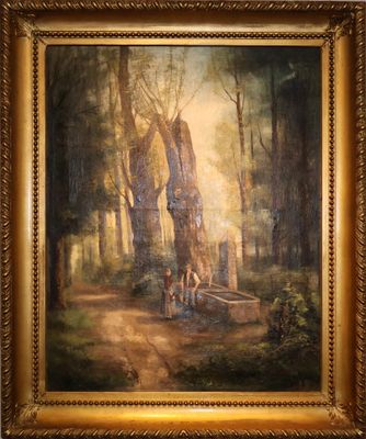 une peinture à l'huile représentant une famille dans un décor boisé