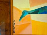 a picture of a painting of two whales on a wall