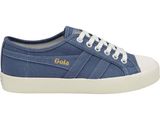 a close up of a blue tennis shoe with a gold logo on the side