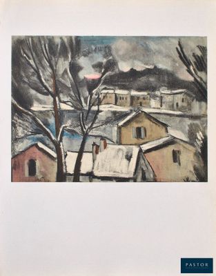 une image d'un tableau représentant un village dans la neige