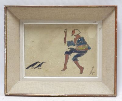 painting of a man with a bird in his hand and a bird sitting on the ground in front of him