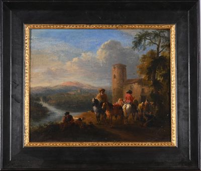 une peinture à l'huile représentant un groupe de personnes à cheval au bord d'une rivière