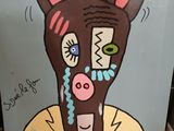 a picture of a painting of a donkey wearing a yellow shirt