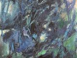an abstract painting of blue and green colors on a white background