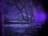 painting of a river in a dark room with a purple light