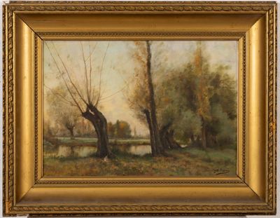 Auguste MURI (1854-1908). Paysage au plan d'eau.