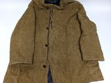 the jacket is brown and has buttons on the collar