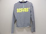 a white and blue striped shirt with yellow letters on it