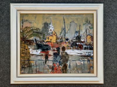 une image représentant un tableau représentant un paysage urbain, dans un cadre blanc