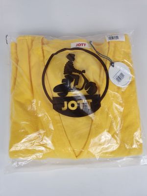 a close up of a yellow t - shirt with a logo on it