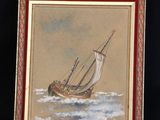 painting of a sailboat in the ocean with a red frame