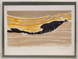 a picture of a painting of a bird flying over a body of water
