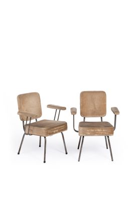 two chairs with wooden seats and metal legs on a white background