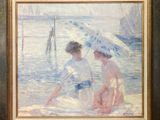 tableau représentant deux femmes assises sur la plage sous un parasol