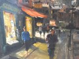 a painting of people walking down the street in the rain