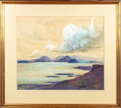 une peinture à l'huile représentant un paysage avec des montagnes et un plan d'eau