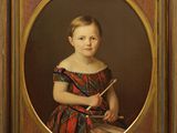 un tableau représentant une jeune fille en robe rouge tenant un pinceau et un livre