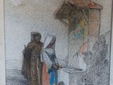 drawing of a woman and a man standing in front of a well