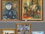 four framed paintings of a woman sitting in a chair and a painting of a woman sitting in a chair