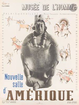 une vieille affiche représentant un homme assis au sommet d'une statue
