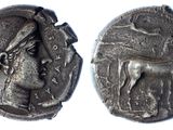 une pièce de monnaie ancienne sur laquelle figurent une femme et un cheval