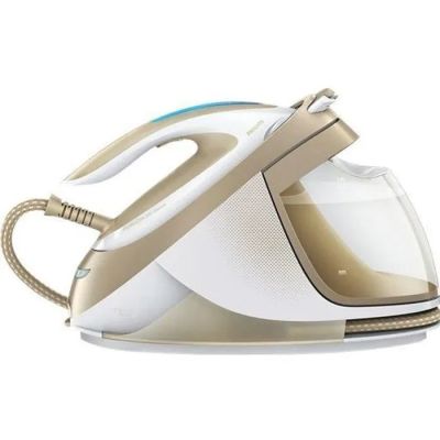 an image of a white and gold steam iron on a white background