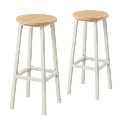 two white stools with wooden tops and legs on a white background