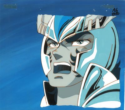 an image of a painting of a man with a blue and white face