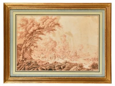 une peinture d'un paysage avec des arbres et une rivière au premier plan