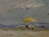 a painting of people sitting under an umbrella on the beach