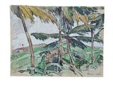 a picture of a painting of some trees in a field