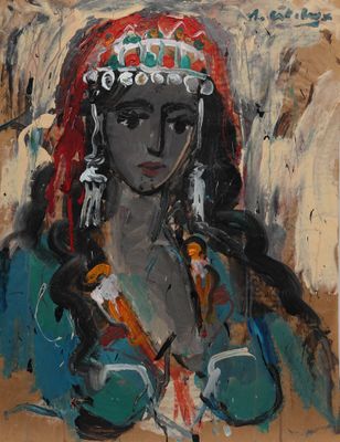 une peinture à l'huile représentant une femme portant une coiffe et un voile rouge