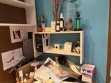 a desk with a lot of clutter on top of it