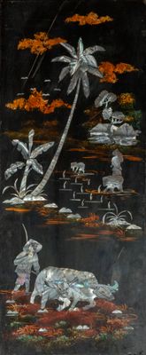 a painting on the wall of a building with a cow and palm trees