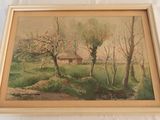 an image of a painting of a house in a field with trees