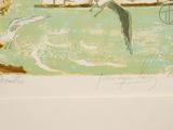 painting of a bird flying over a body of water with a bridge in the background